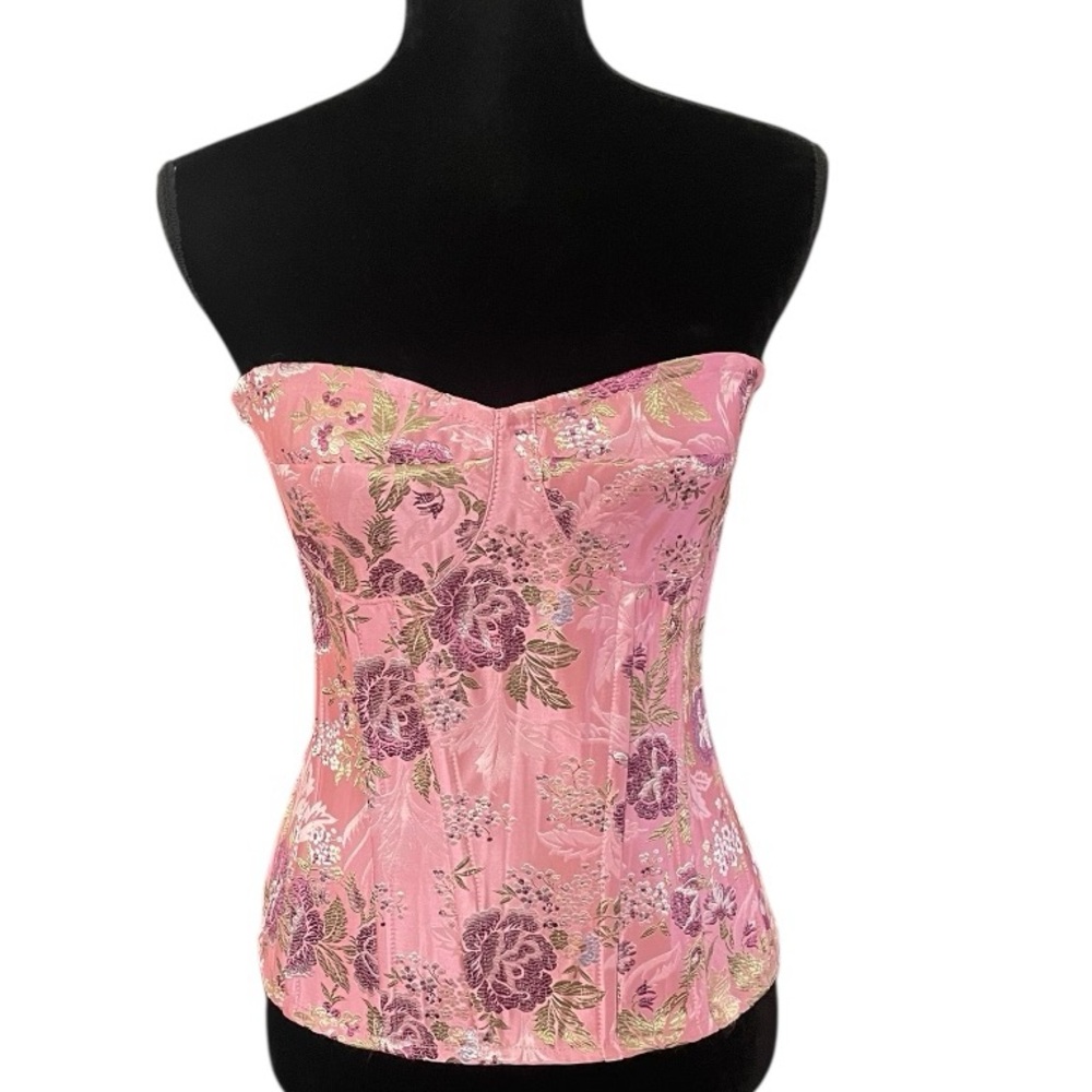 Pretty Little Thing PINK FLORAL JACQUARD SATIN CORSET women’s 10 fairy feminine